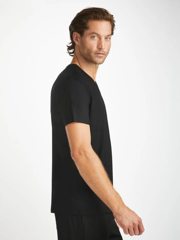 Derek Rose Short Sleeve TShirts Men VNeck TShirt Basel Micro Modal Stretch Black
