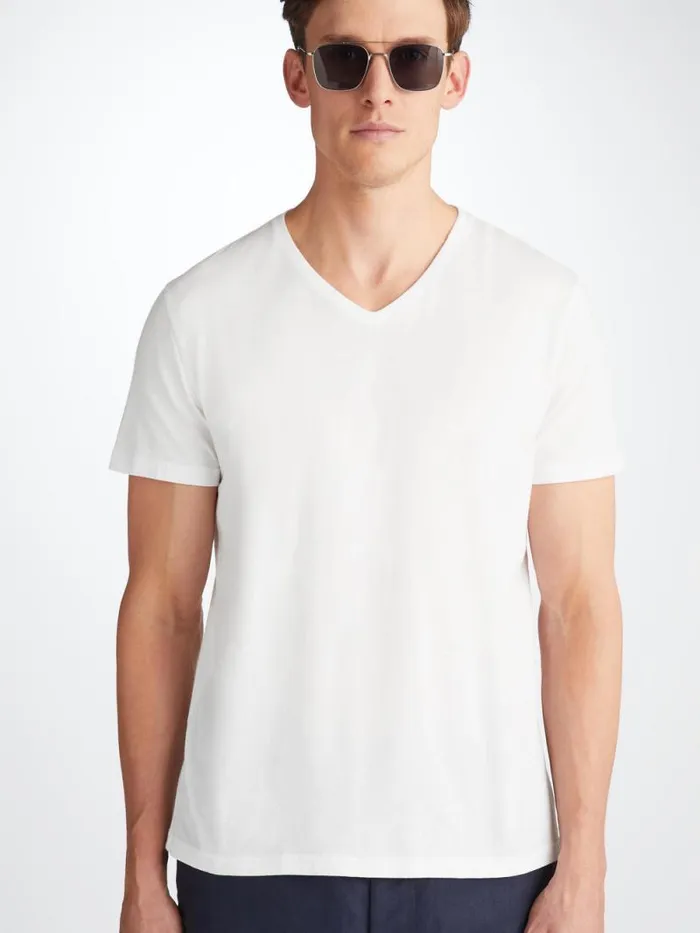 Derek Rose Short Sleeve TShirts Men VNeck TShirt Riley Pima Cotton White