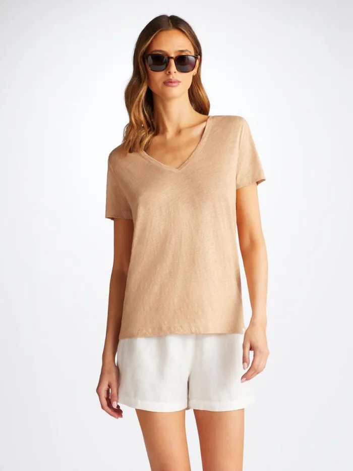 Derek Rose Short Sleeve TShirts Women VNeck TShirt Jordan Linen Sand