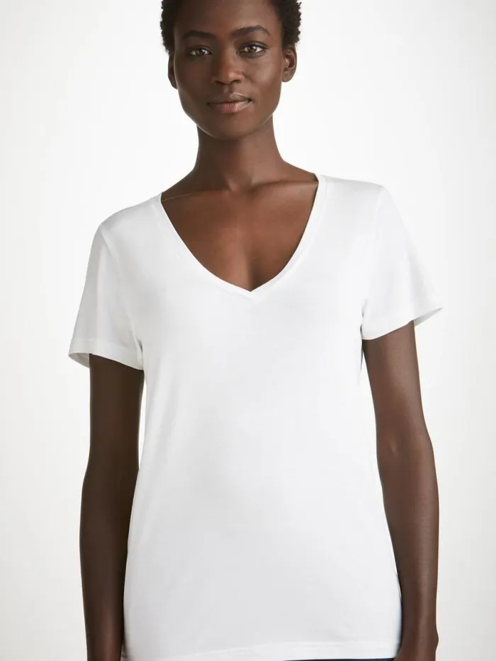Derek Rose Short Sleeve TShirts Women VNeck TShirt Lara Micro Modal Stretch White