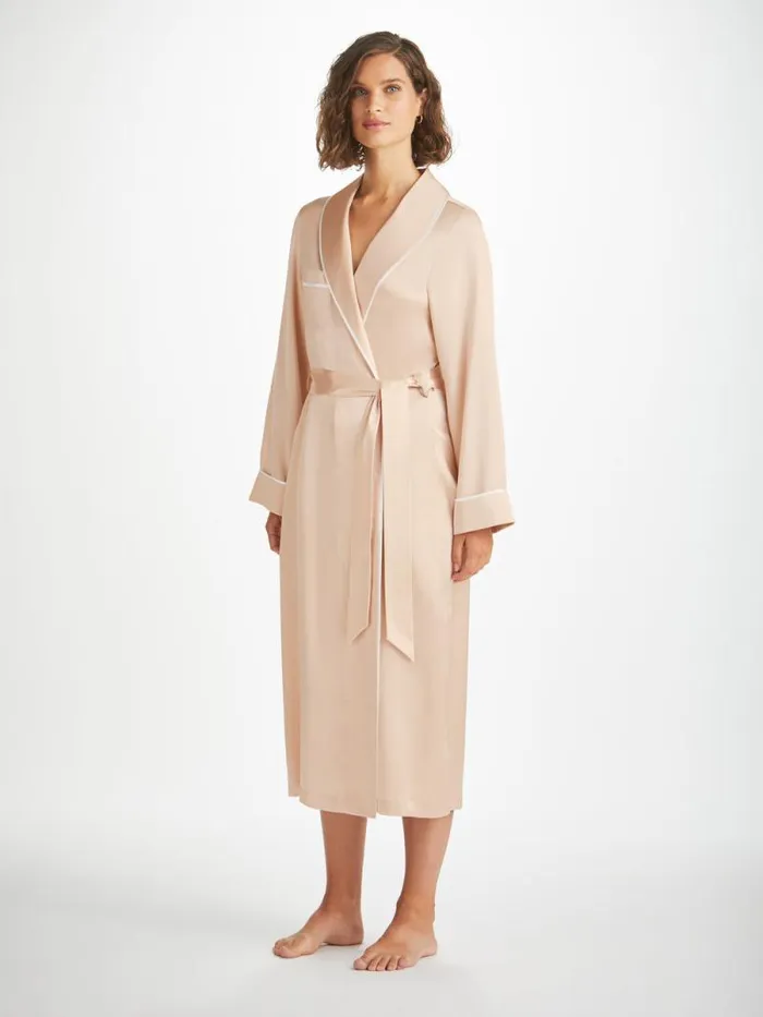 Derek Rose Silk Robes Women Long Robe Bailey Silk Satin Champagne