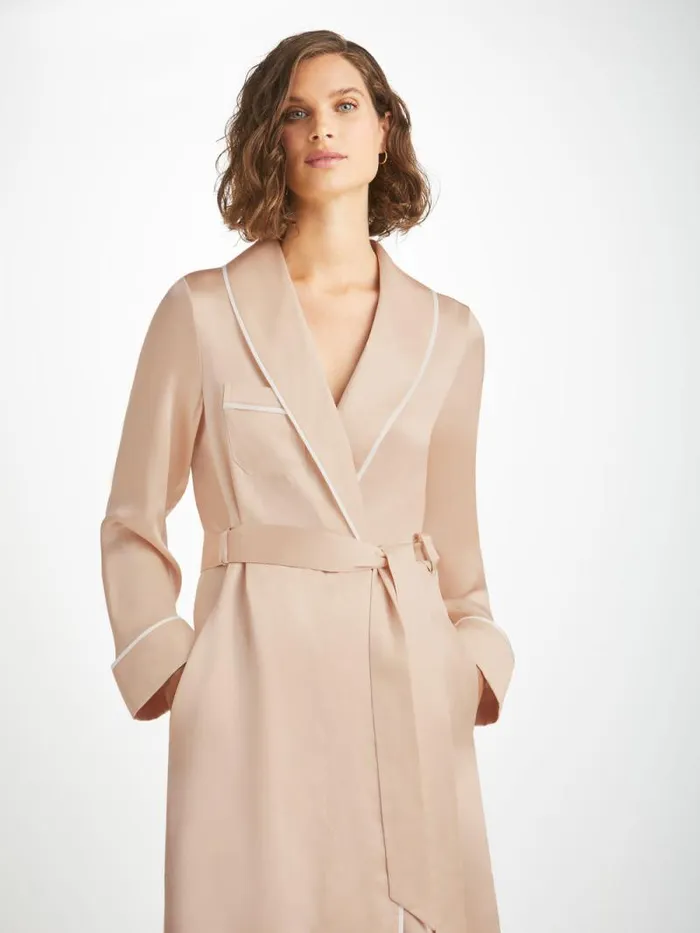 Derek Rose Silk Robes Women Long Robe Bailey Silk Satin Champagne