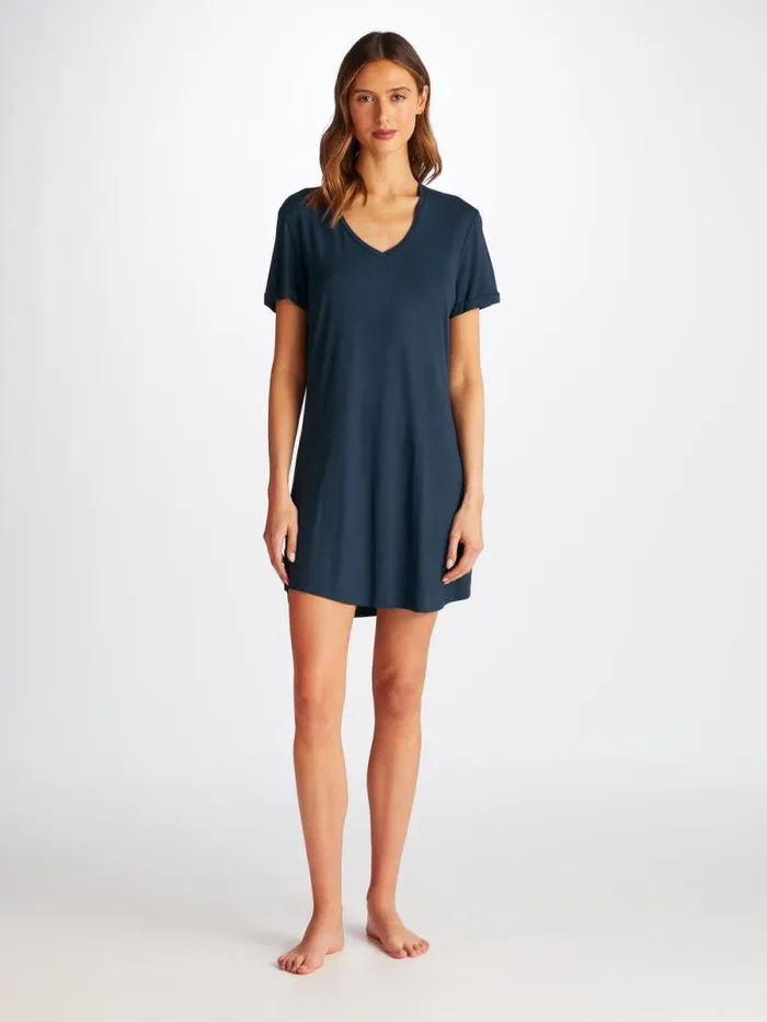 Derek Rose Sleep TShirts Women VNeck Sleep TShirt Lara Micro Modal Stretch Navy