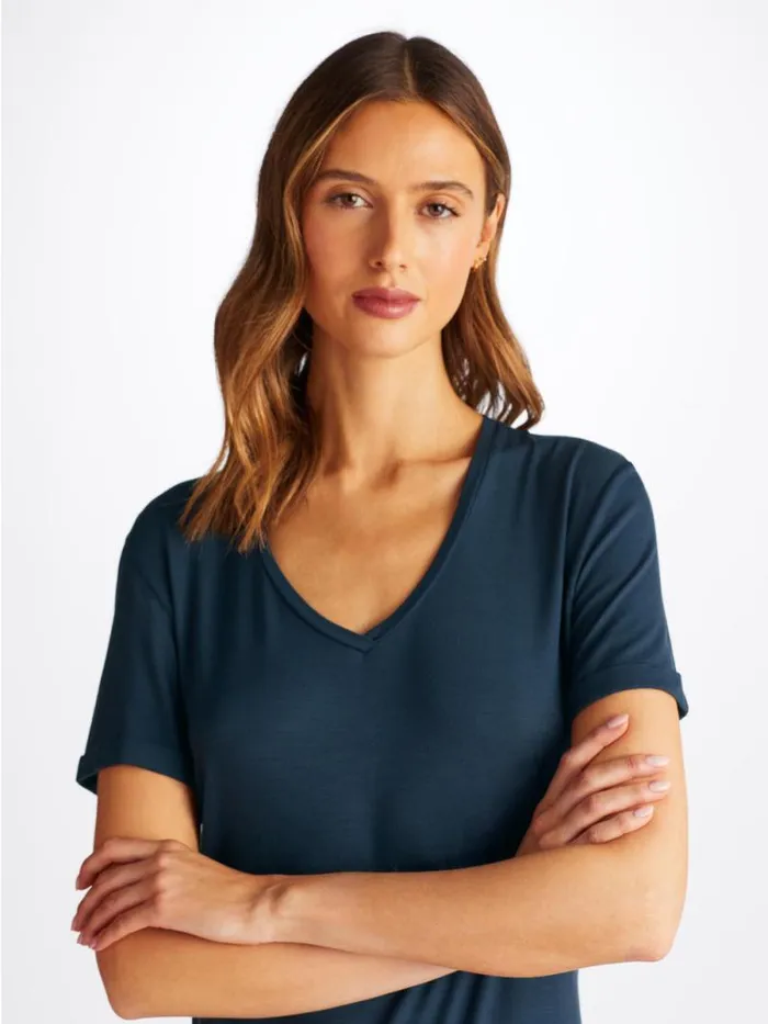 Derek Rose Sleep TShirts Women VNeck Sleep TShirt Lara Micro Modal Stretch Navy