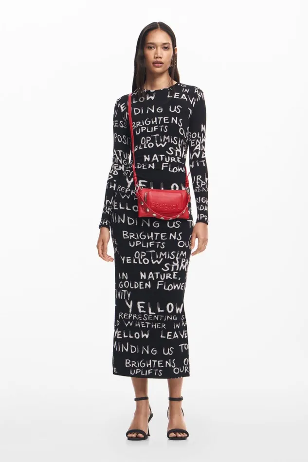 Dresses And Jumpsuits Women Desigual Midi Dress With Phrases Black