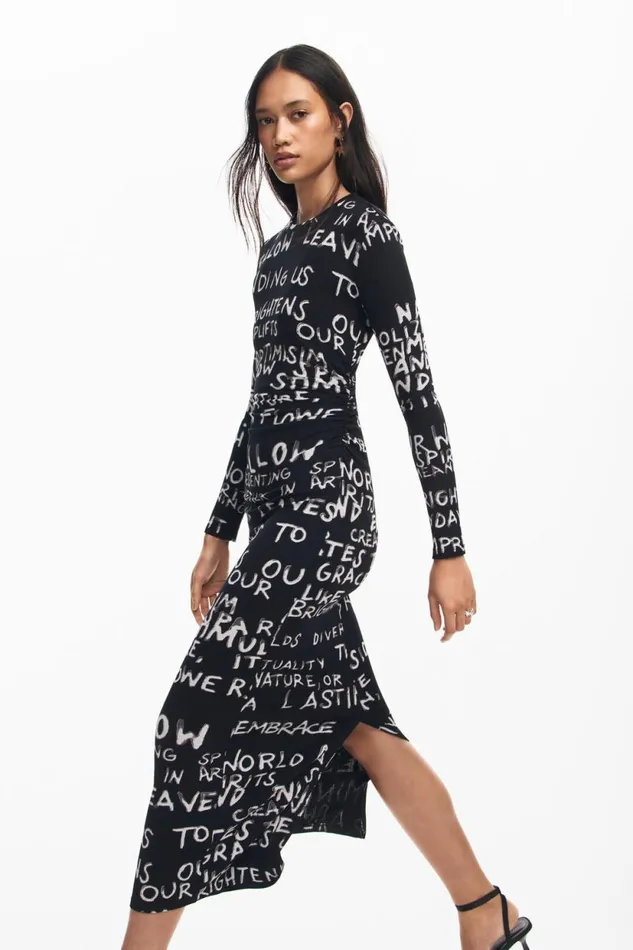 Dresses And Jumpsuits Women Desigual Midi Dress With Phrases Black