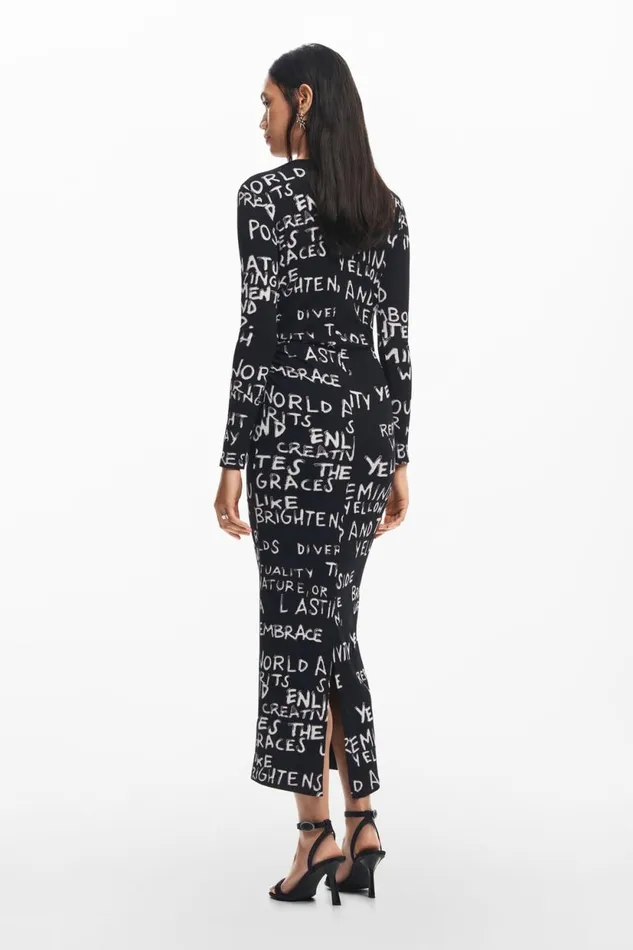 Dresses And Jumpsuits Women Desigual Midi Dress With Phrases Black