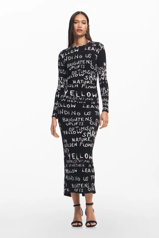 Dresses And Jumpsuits Women Desigual Midi Dress With Phrases Black