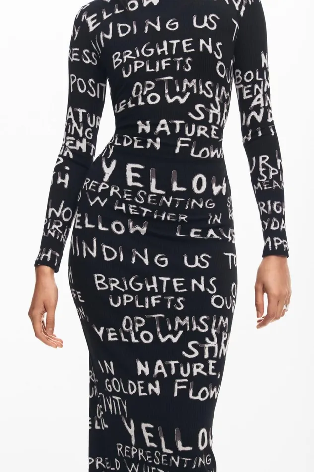 Dresses And Jumpsuits Women Desigual Midi Dress With Phrases Black