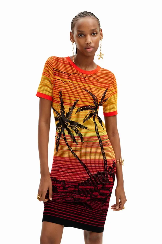 Dresses And Jumpsuits Women Desigual Short Knit Palm Tree Dress Red