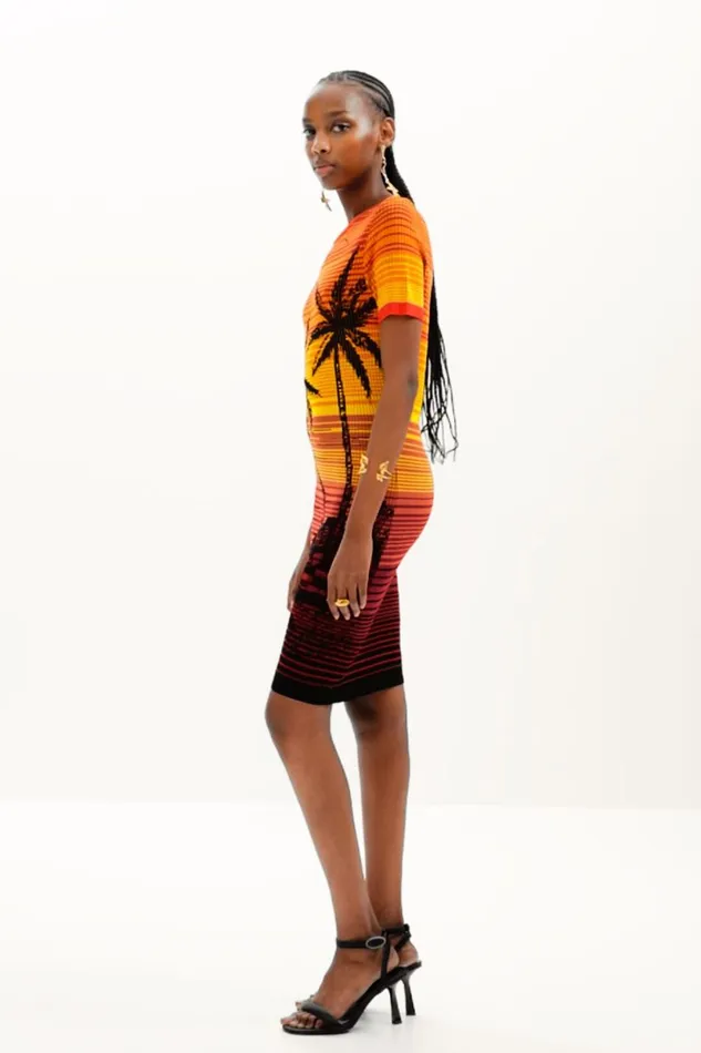 Dresses And Jumpsuits Women Desigual Short Knit Palm Tree Dress Red