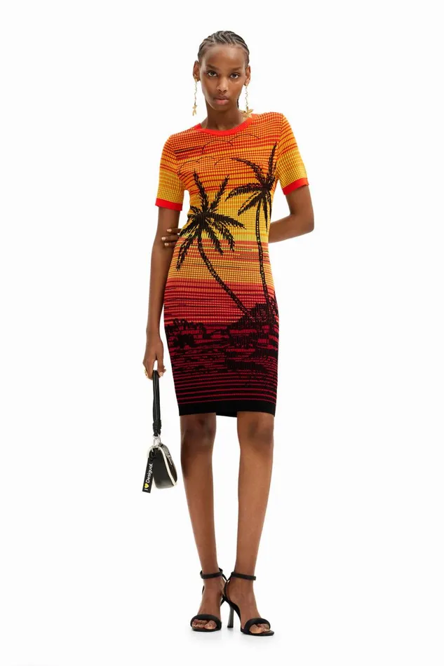 Dresses And Jumpsuits Women Desigual Short Knit Palm Tree Dress Red