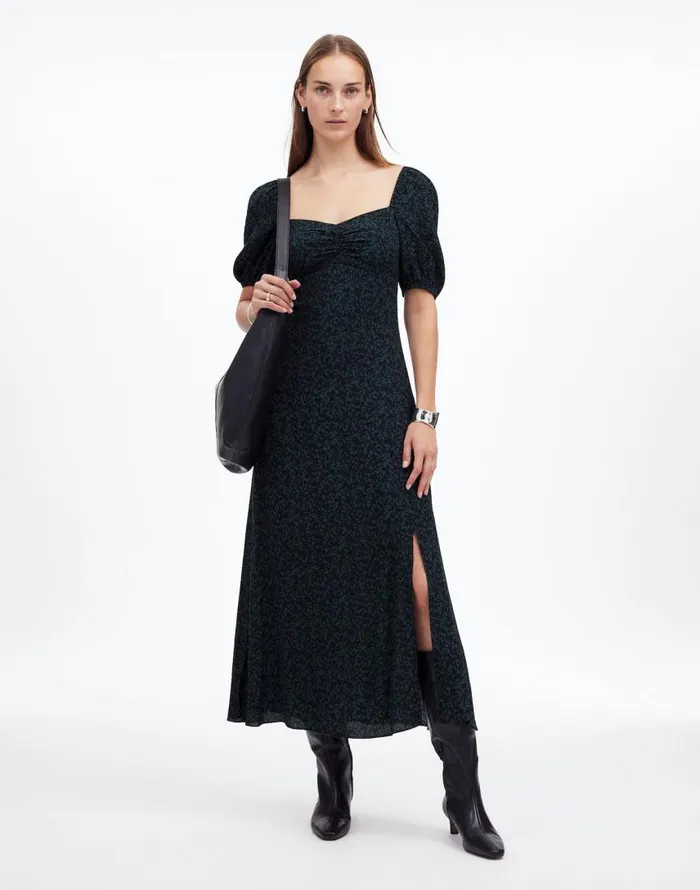 Dresses Women Madewell PuffSleeve Sweetheart Midi Dress Green Print