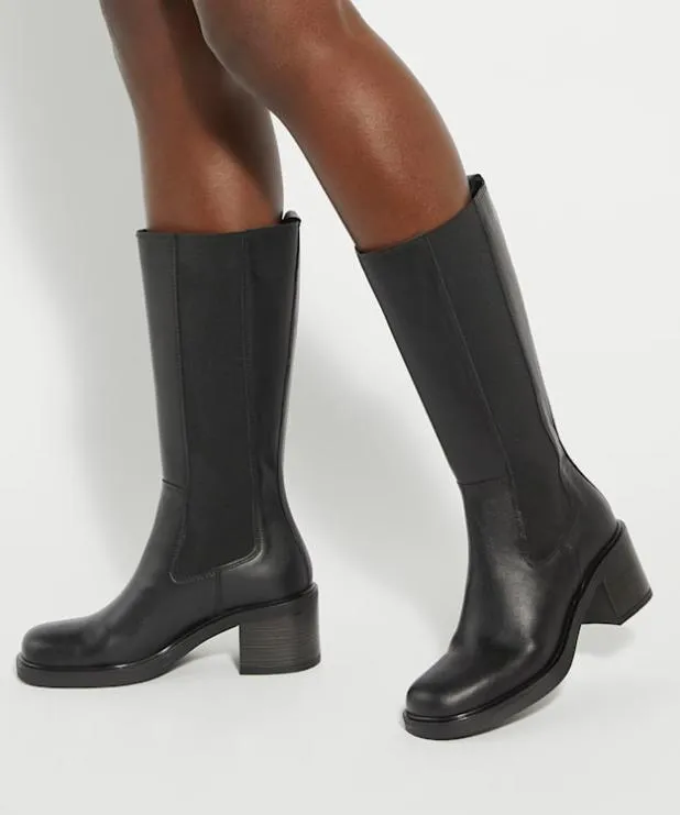 Dune London Black Boots Women BlockHeel KneeHigh Boots Black