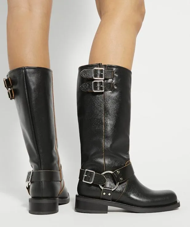 Dune London Black Boots Women BuckleDetail Leather KneeHigh Boots Black