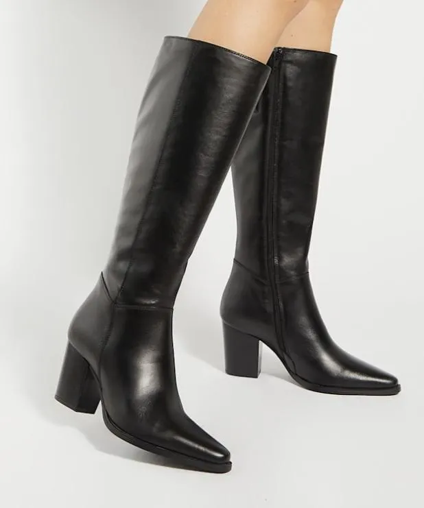 Dune London Black Boots Women Leather Western Knee High Boots Black