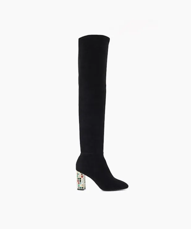 Dune London Black Boots Women Over The Knee Jewel Heel Boots Black