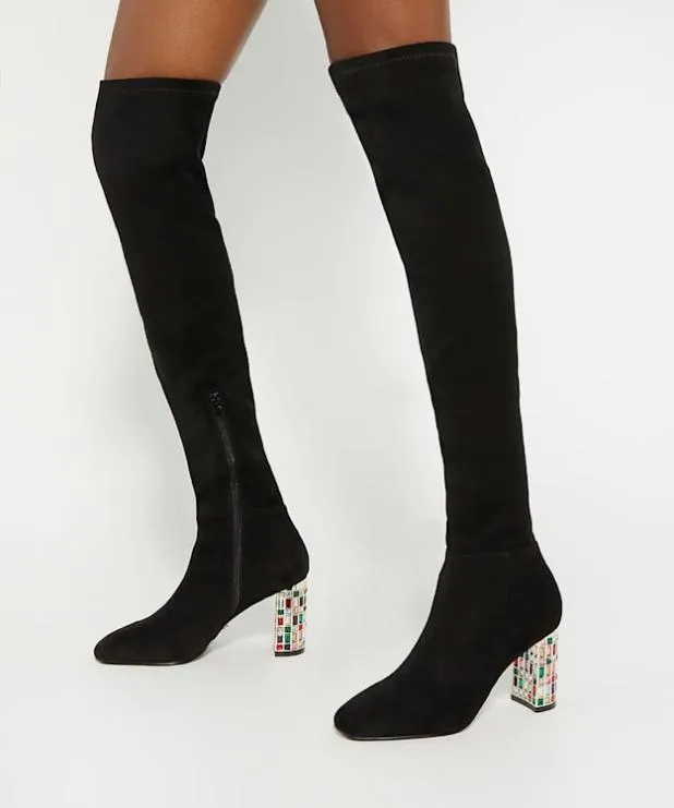Dune London Black Boots Women Over The Knee Jewel Heel Boots Black