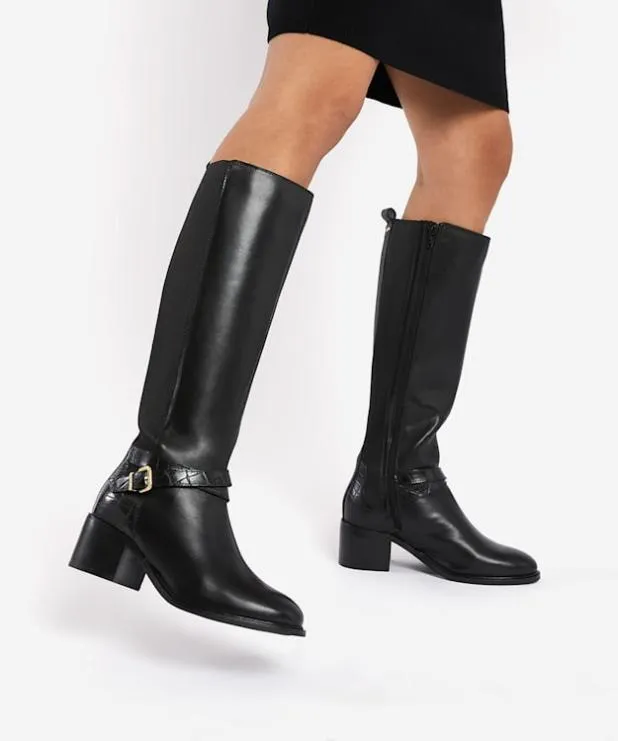Dune London Black Boots Women Wide Fit Croc Leather Calf Boots Black