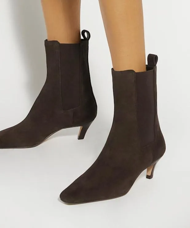 Dune London Brown Boots Women Chiselled Toe Kitten Heel Chelsea Ankle Boots Brown