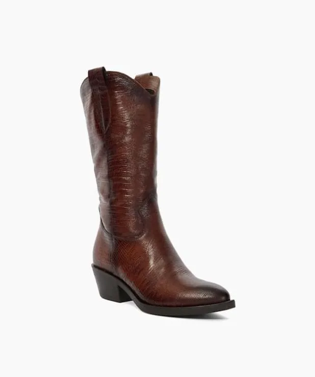Dune London Brown Boots Women Mid Height ReptileEffect Western Boots Brown