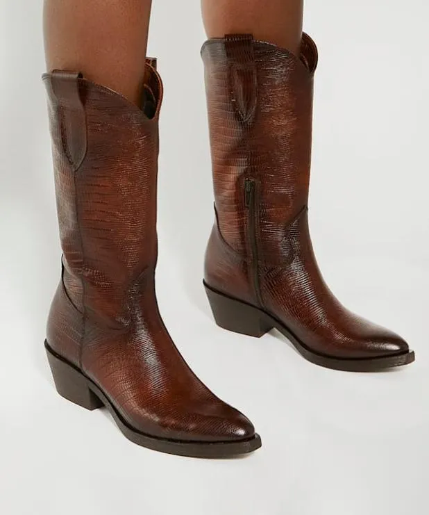Dune London Brown Boots Women Mid Height ReptileEffect Western Boots Brown