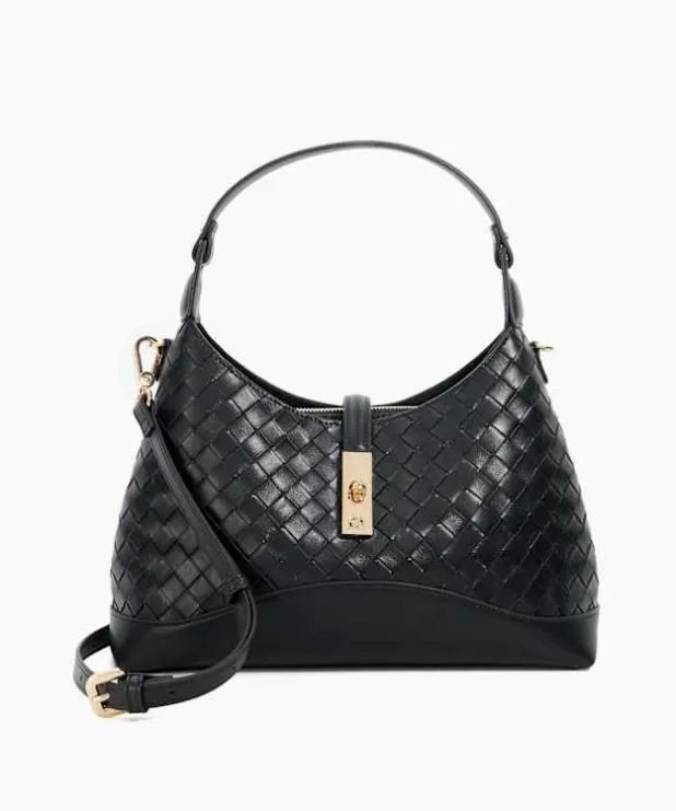 Dune London Handbags Women Woven Leather Turn Lock Shoulder Bag Black