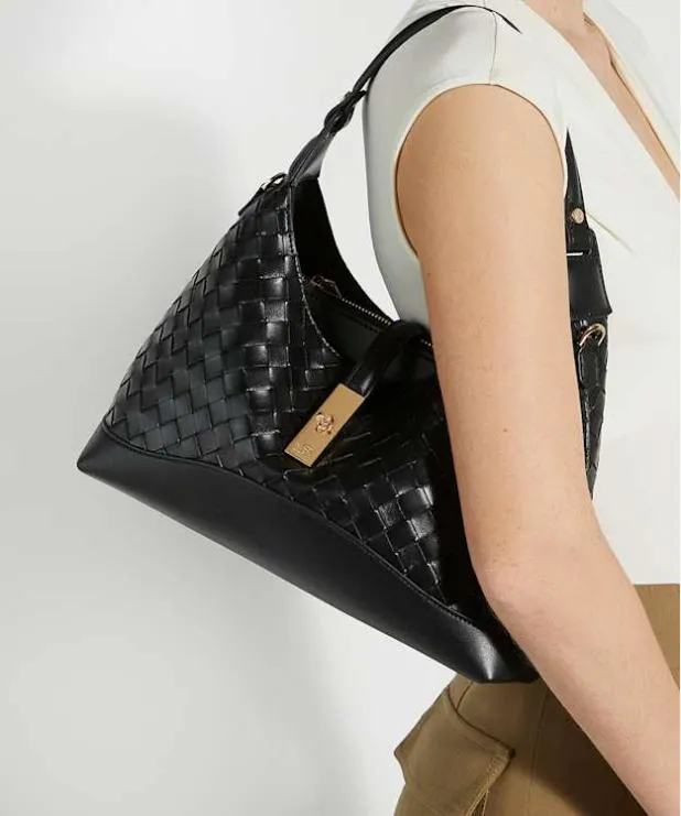 Dune London Handbags Women Woven Leather Turn Lock Shoulder Bag Black