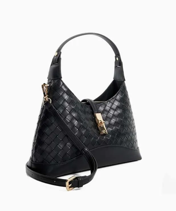Dune London Handbags Women Woven Leather Turn Lock Shoulder Bag Black