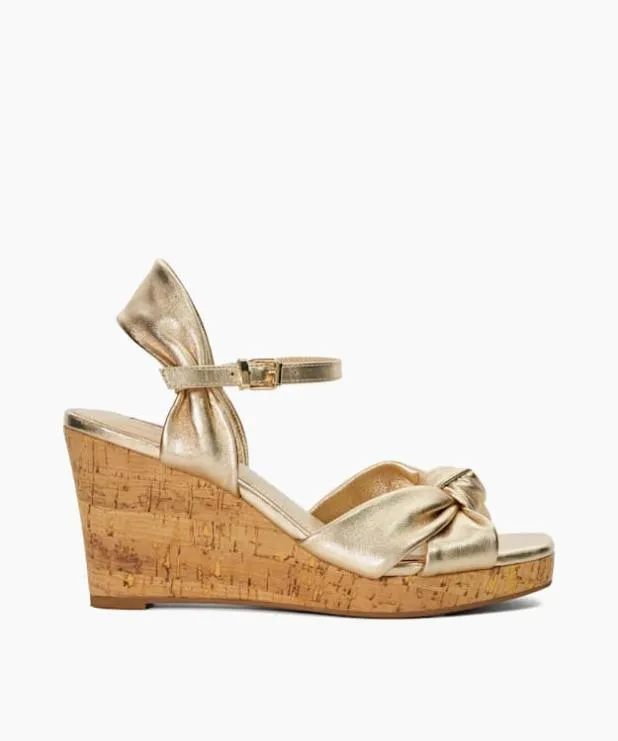 Dune London Heeled Sandals Women Leather Cork Wedge Metallic
