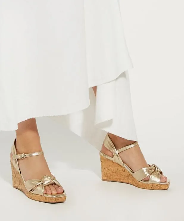 Dune London Heeled Sandals Women Leather Cork Wedge Metallic
