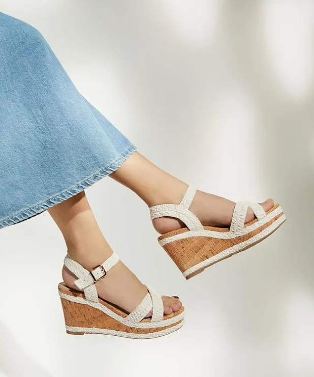 Dune London White Sandals Women BraidedCrossStrap CorkWedge Sandals White