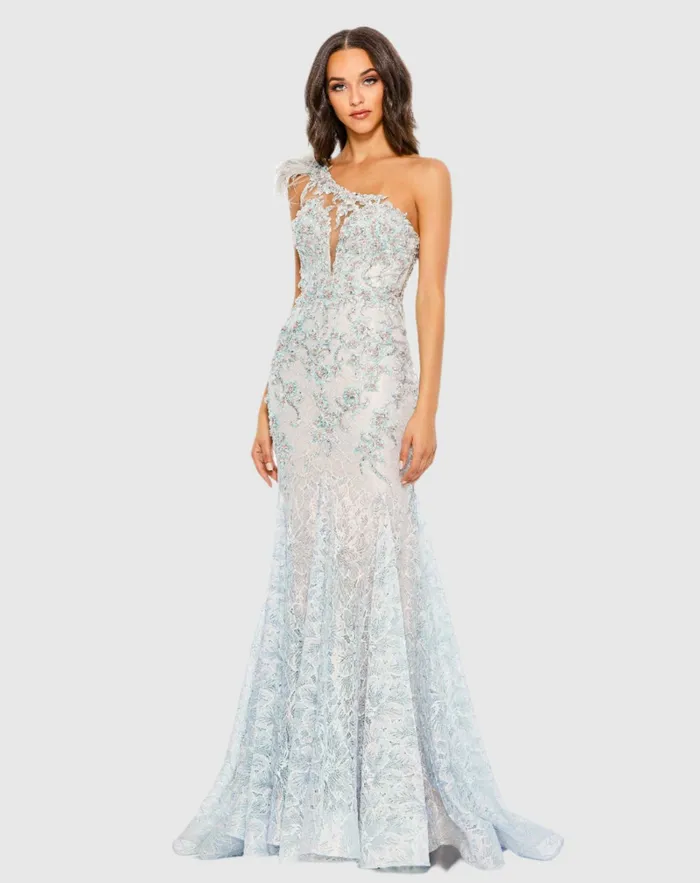 Embroidered Applique Feathered One Shoulder Trumpet Gown Crystal Blue Women Evening Gowns Mac Duggal