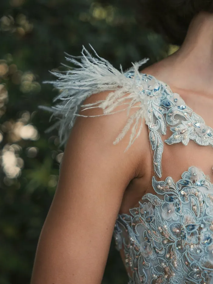 Embroidered Applique Feathered One Shoulder Trumpet Gown Crystal Blue Women Evening Gowns Mac Duggal