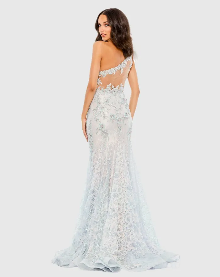 Embroidered Applique Feathered One Shoulder Trumpet Gown Crystal Blue Women Evening Gowns Mac Duggal