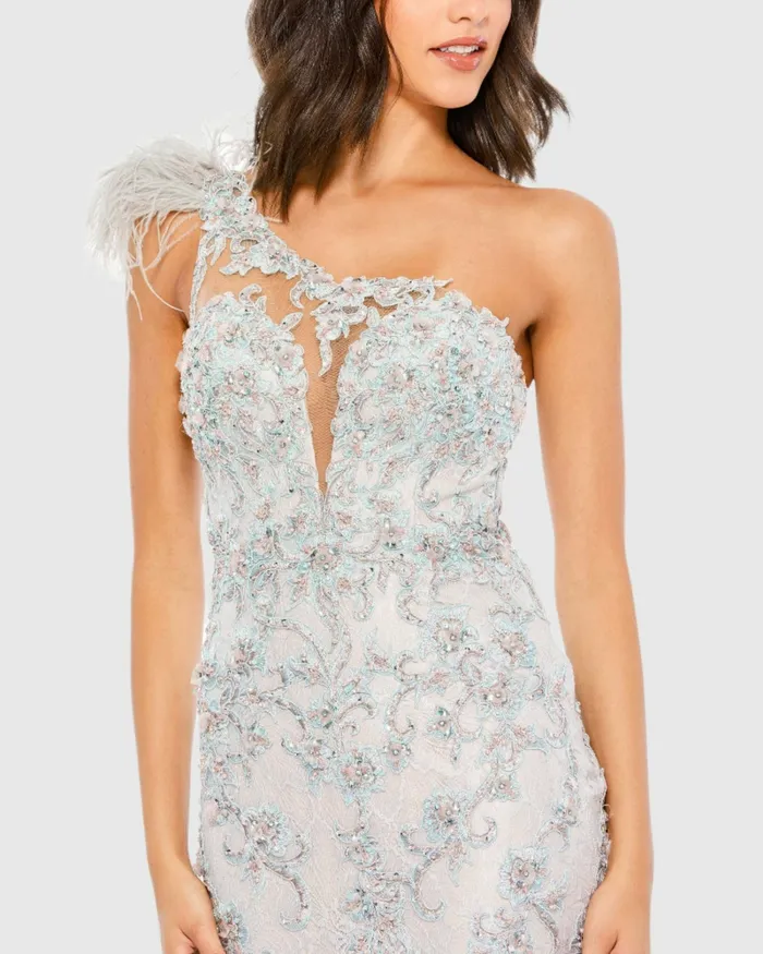 Embroidered Applique Feathered One Shoulder Trumpet Gown Crystal Blue Women Evening Gowns Mac Duggal