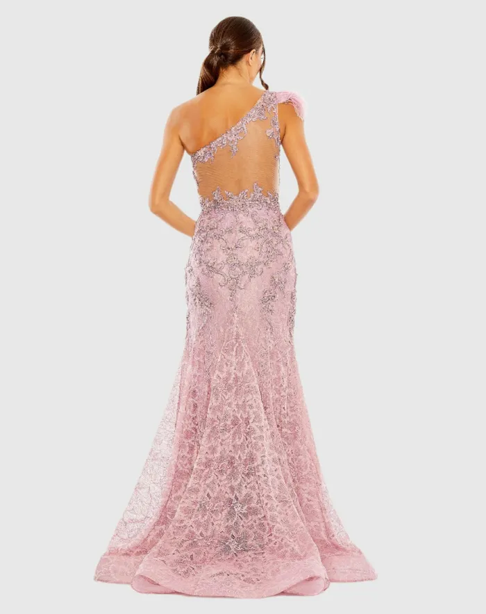 Embroidered Applique Feathered One Shoulder Trumpet Gown Crystal Blue Women Evening Gowns Mac Duggal