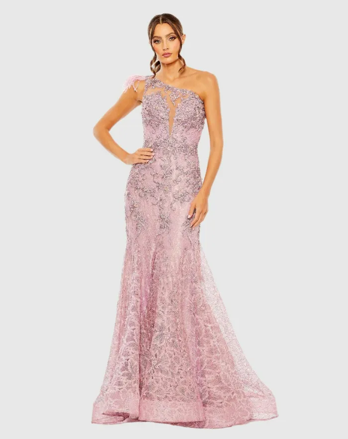 Embroidered Applique Feathered One Shoulder Trumpet Gown Crystal Blue Women Evening Gowns Mac Duggal