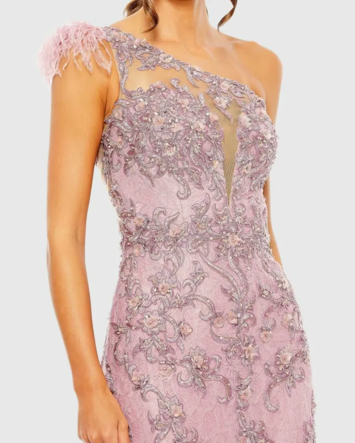 Embroidered Applique Feathered One Shoulder Trumpet Gown Crystal Blue Women Evening Gowns Mac Duggal