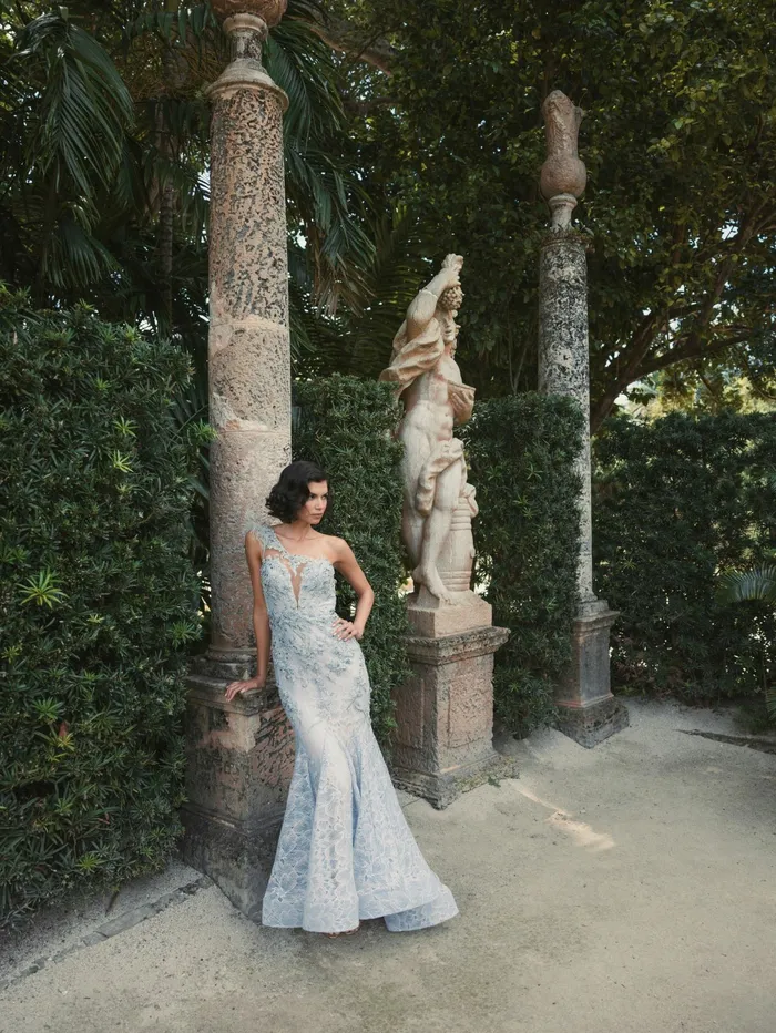 Embroidered Applique Feathered One Shoulder Trumpet Gown Crystal Blue Women Evening Gowns Mac Duggal