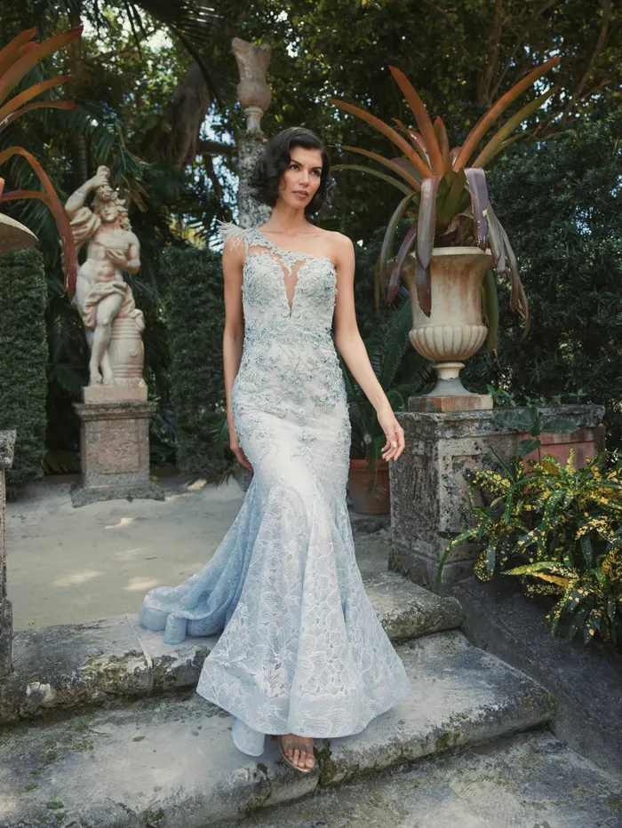 Embroidered Applique Feathered One Shoulder Trumpet Gown Crystal Blue Women Evening Gowns Mac Duggal