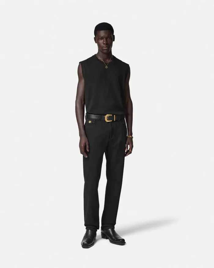 Embroidered Logo Tank Top Black Men Versace TShirts and Polos