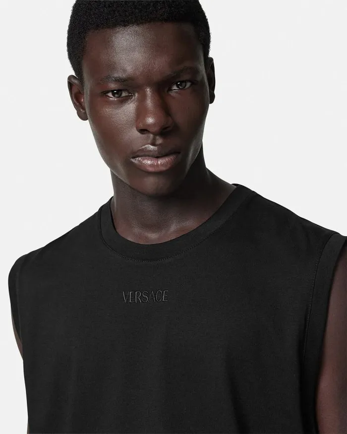 Embroidered Logo Tank Top Black Men Versace TShirts and Polos