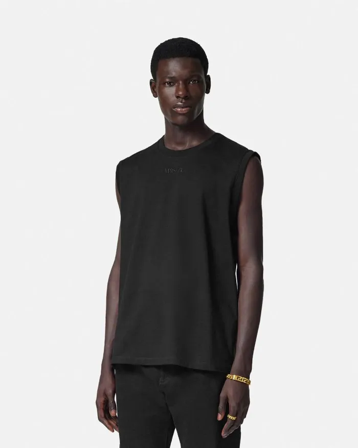 Embroidered Logo Tank Top Black Men Versace TShirts and Polos