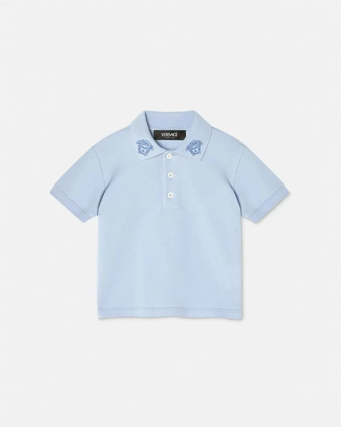 Embroidered Medusa Baby Polo Shirt Light Blue Children Versace Clothing