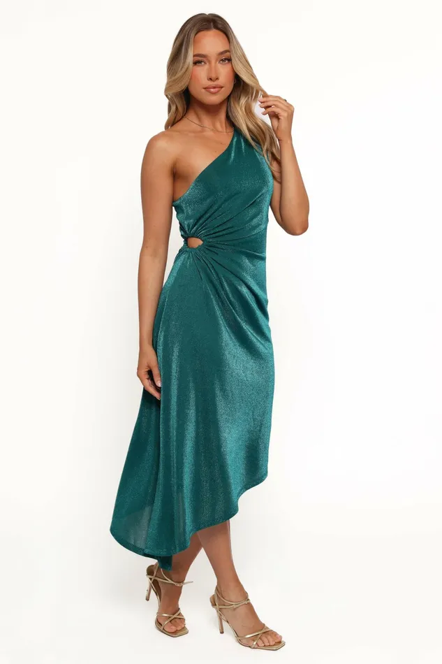 Emma One Shoulder Midi Dress Teal Fall Dresses Petal and Pup Women