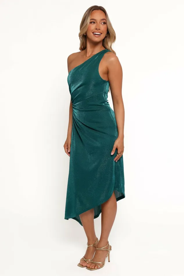 Emma One Shoulder Midi Dress Teal Fall Dresses Petal and Pup Women