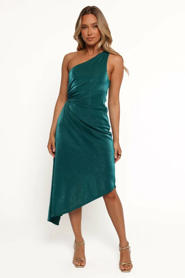 Emma One Shoulder Midi Dress Teal Fall Dresses Petal and Pup Women