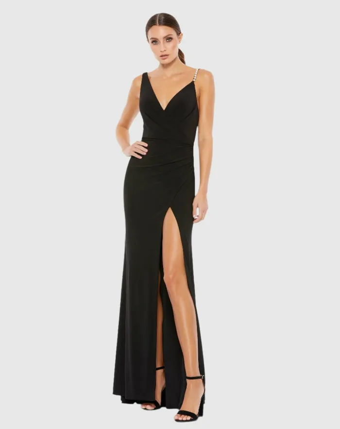 Evening Gowns Faux Wrap Rhinestone Strap Gown Black 8211 Mac Duggal Women