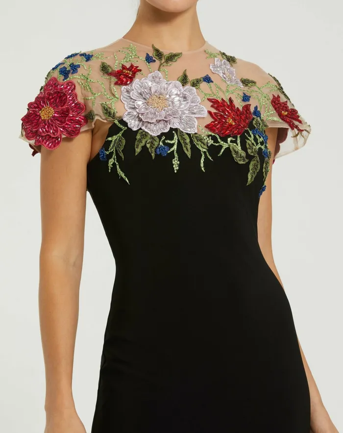Evening Gowns Women Mac Duggal Floral Embellished Jersey Fitted Gown Black Multi